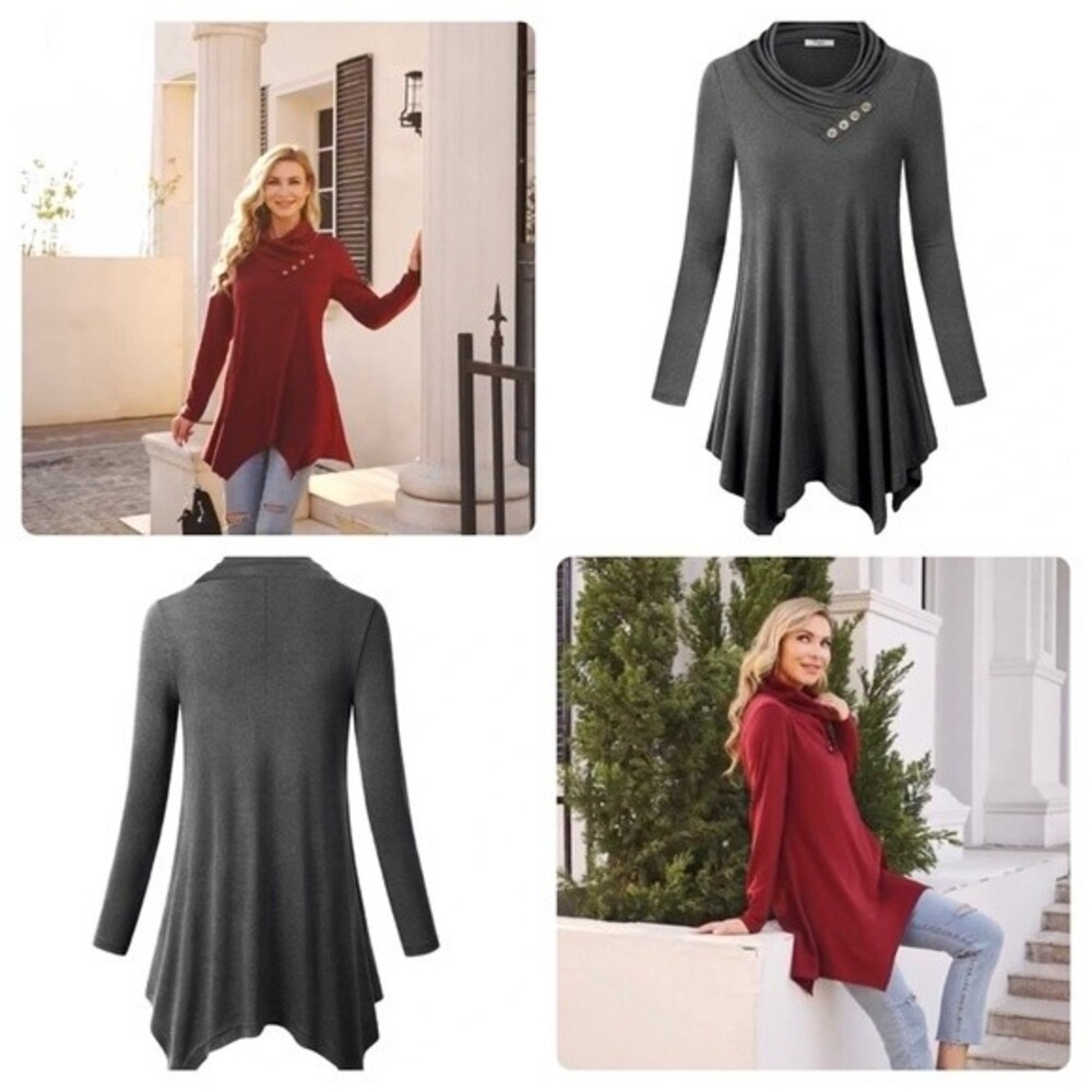 Cestyle gray long sleeve button cowl neck flowy tunic top size small